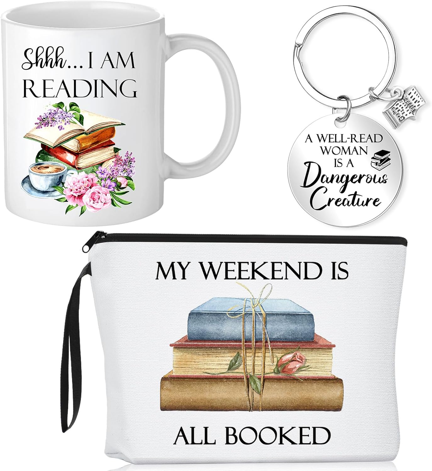 Inbagi 3 Pcs Book Lover Gifts for Women Cosmetic Bag Coffee Mug with Keychain for Reading Lovers Book Club Literary Librarian Friend Christmas Birthday Gifts