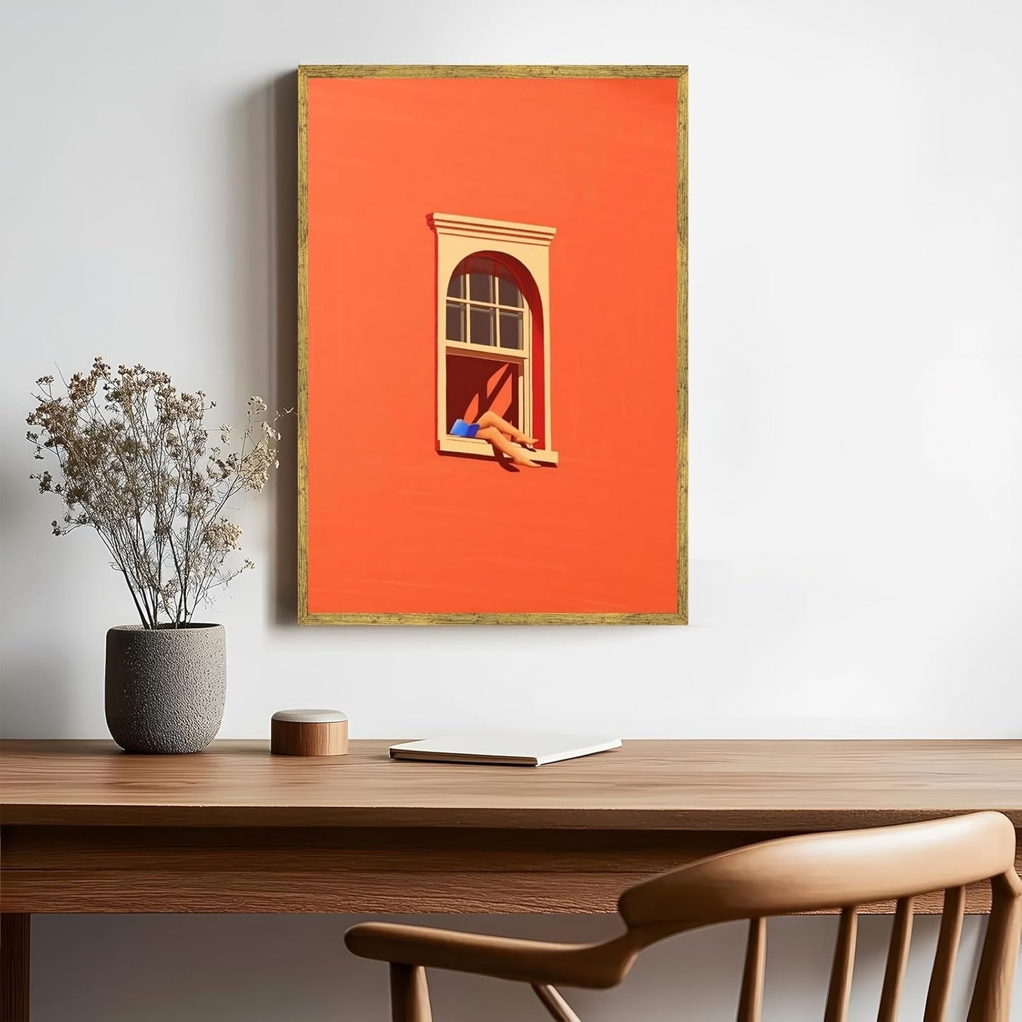 Sunny Reading Nook Poster Dopamine Wall Art Reading Corner Wall Decor Bold Orange Canvas Print For Living Room Bedroom Office 12x16inch Golden frame