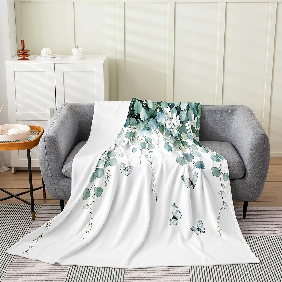 Erosebridal Minimalist Fleece Blanket,Teal Butterfly Fuzzy Blanket,Eucalyptus Floral Blanket 40X50,Green Leaves Bed Blanket for Sofa Bed Chair,Soft Warm