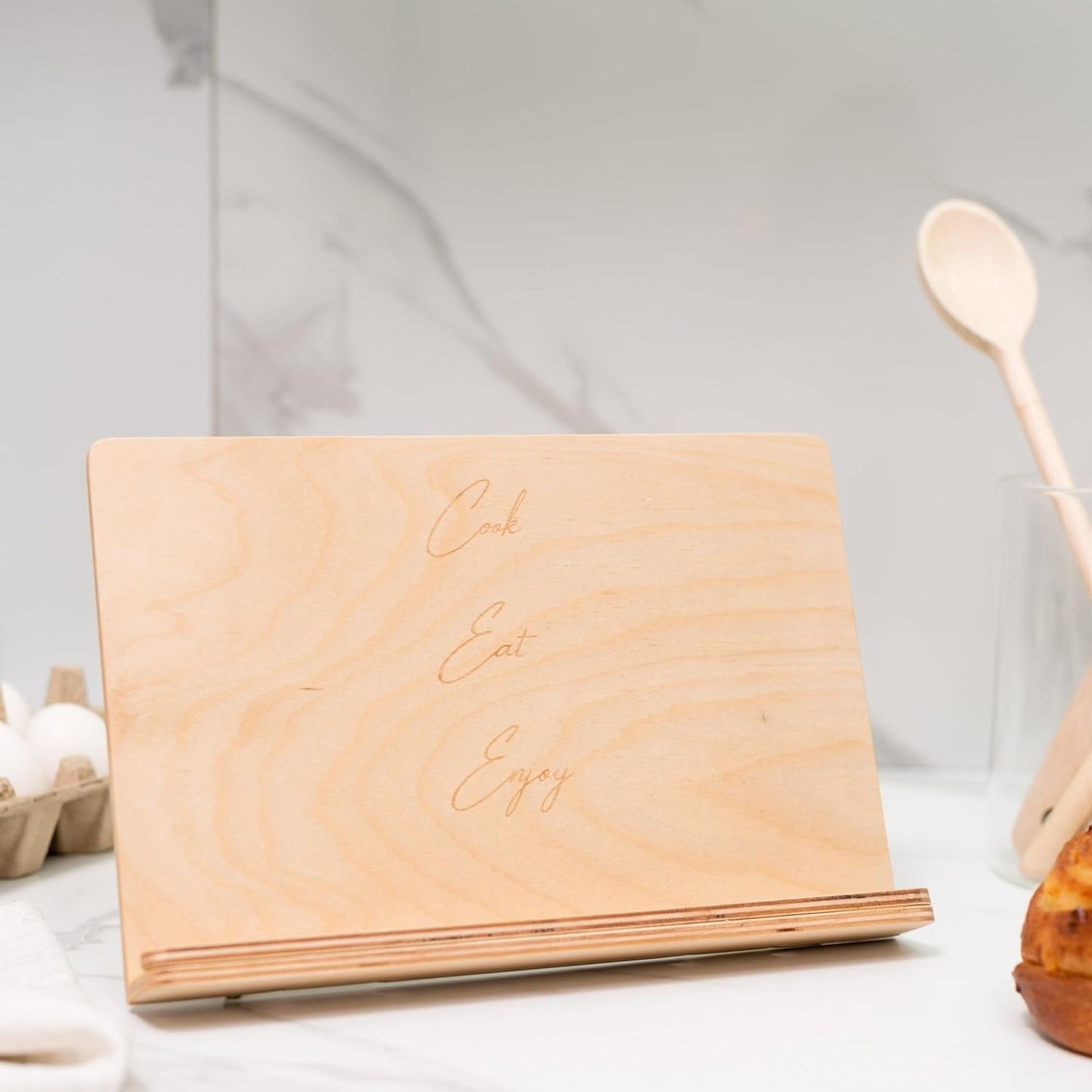 Enjoy The Wood Cookbook Stand for Kitchen Counter - Personalized Wooden Recipe Book Holder - Custom Mother's Day Gifts Birthday Christmas Gift for Her or Him - Additions for Recipe Book
