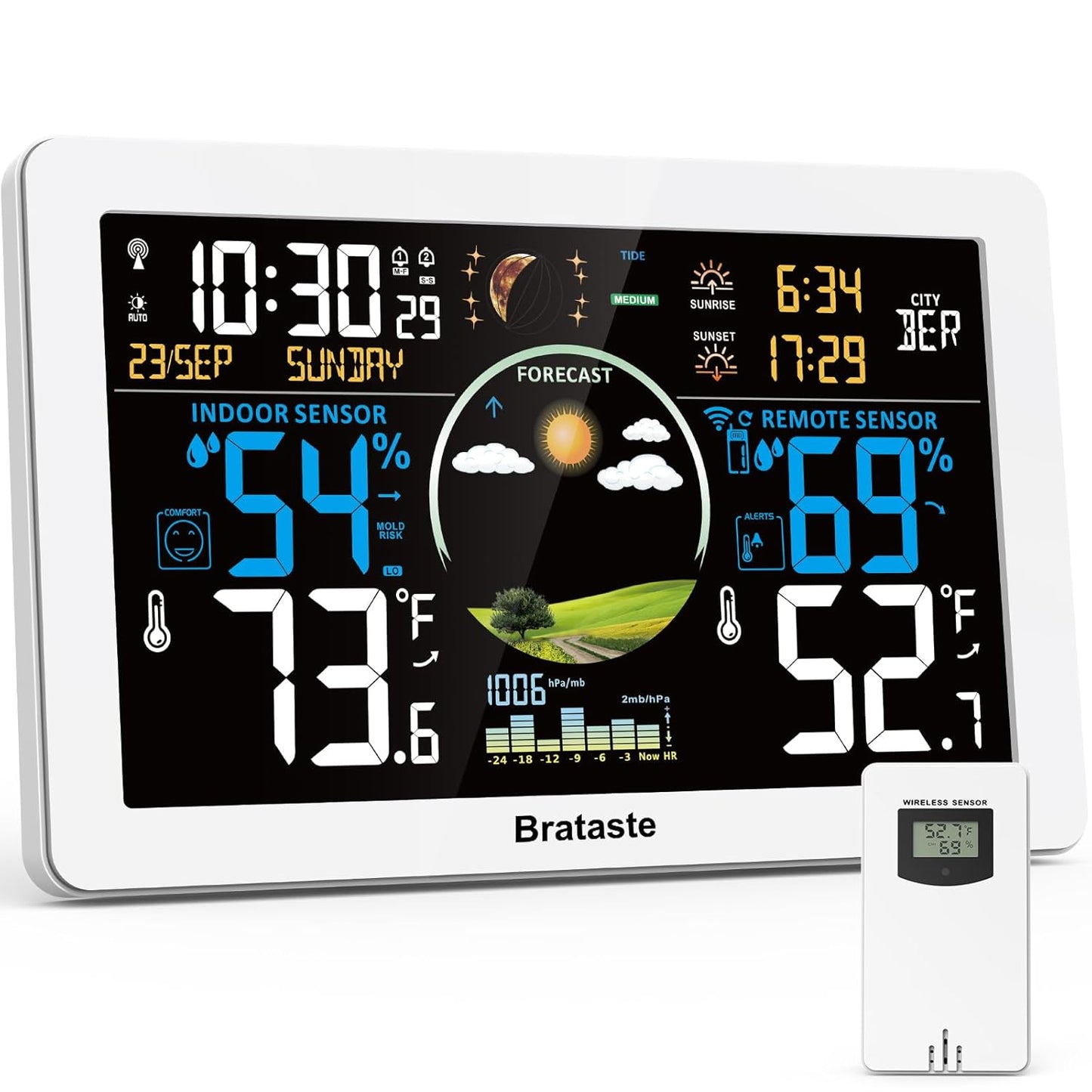 Weather Station Wireless Indoor Outdoor, Digital Thermometer, 7.5'' VA Display Home Weather Stations, Accurate Temperature Humidity Gauge with Weather Forecast, Atomic Clock,White
