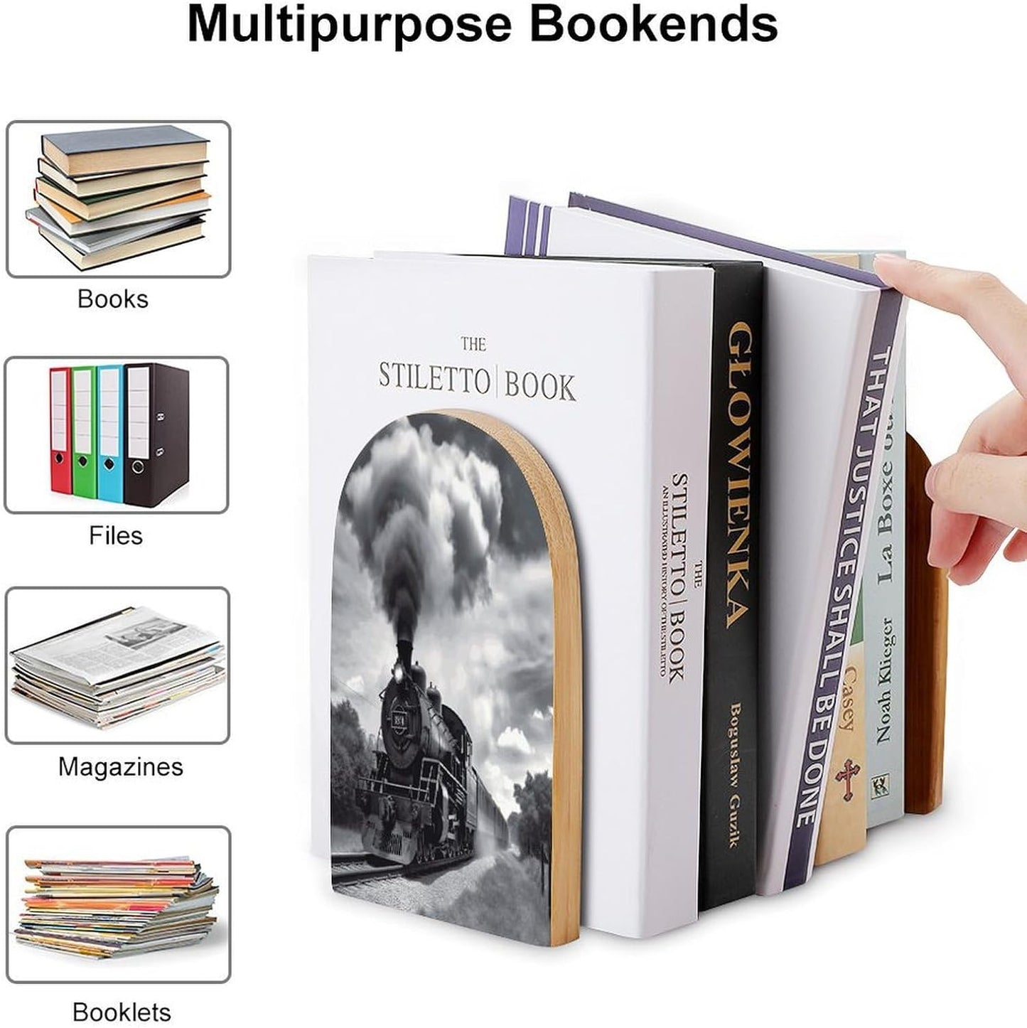 Steam Train Clouds Bookend for Shelves Wooden Book End Large Size Sturdy Book Holders Stoppers with Metal Base for Bookshelves Slick Decorative Bookends Stands