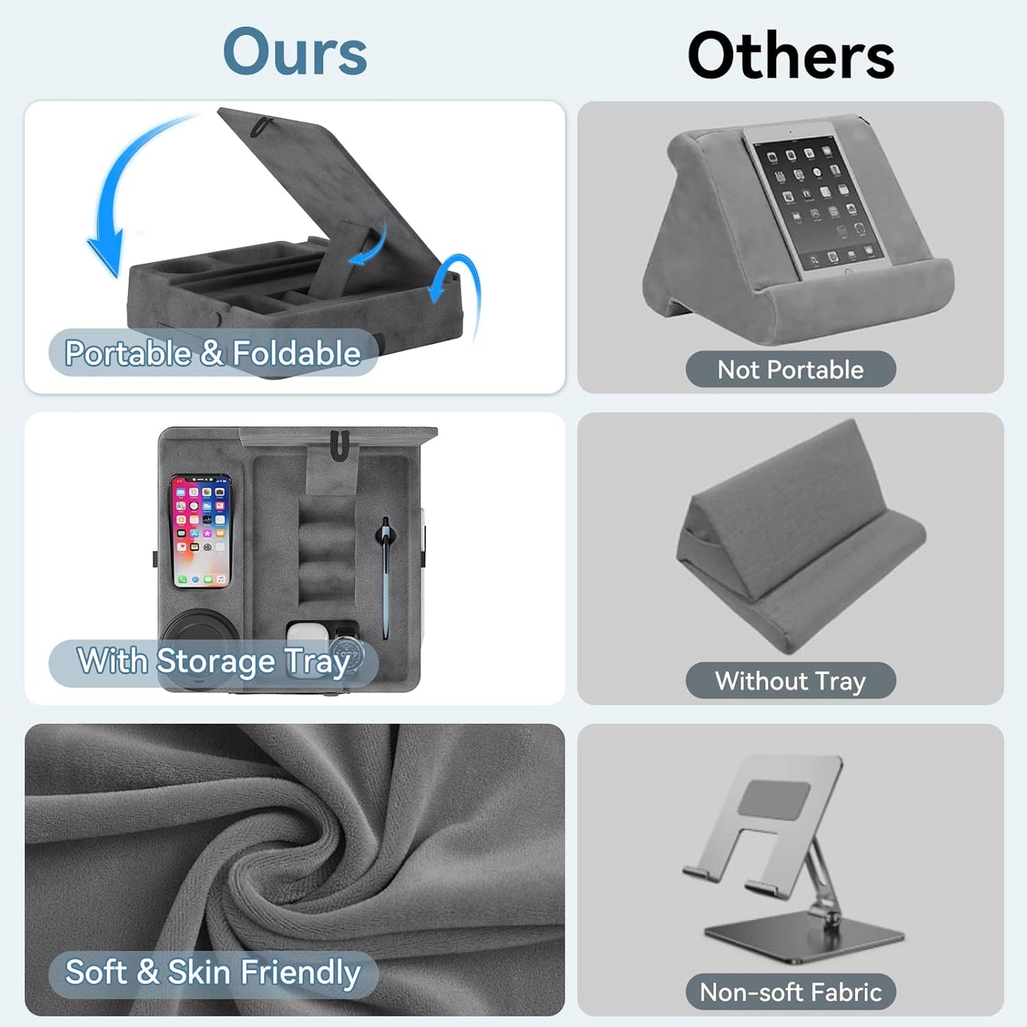 Tablet Pillow Stand for Lap, Bed and Desk, Foldable Soft iPad Holder with Snack Bowl for Kindle,Phone,Tablet,E-Reader,Free Reading and Relaxation on Bed,Couch,Recliner,Gray