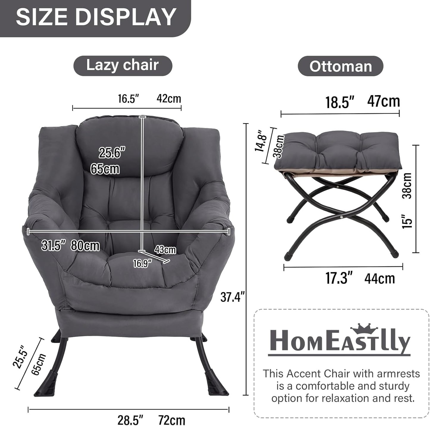 Lazy Chair with Ottoman, Large Dark Grey Accent Chair with Ottoman, Comfy Reading Armchair, Leisure Sofa Chair for Living Room, Bedroom, Dorm Room, Office