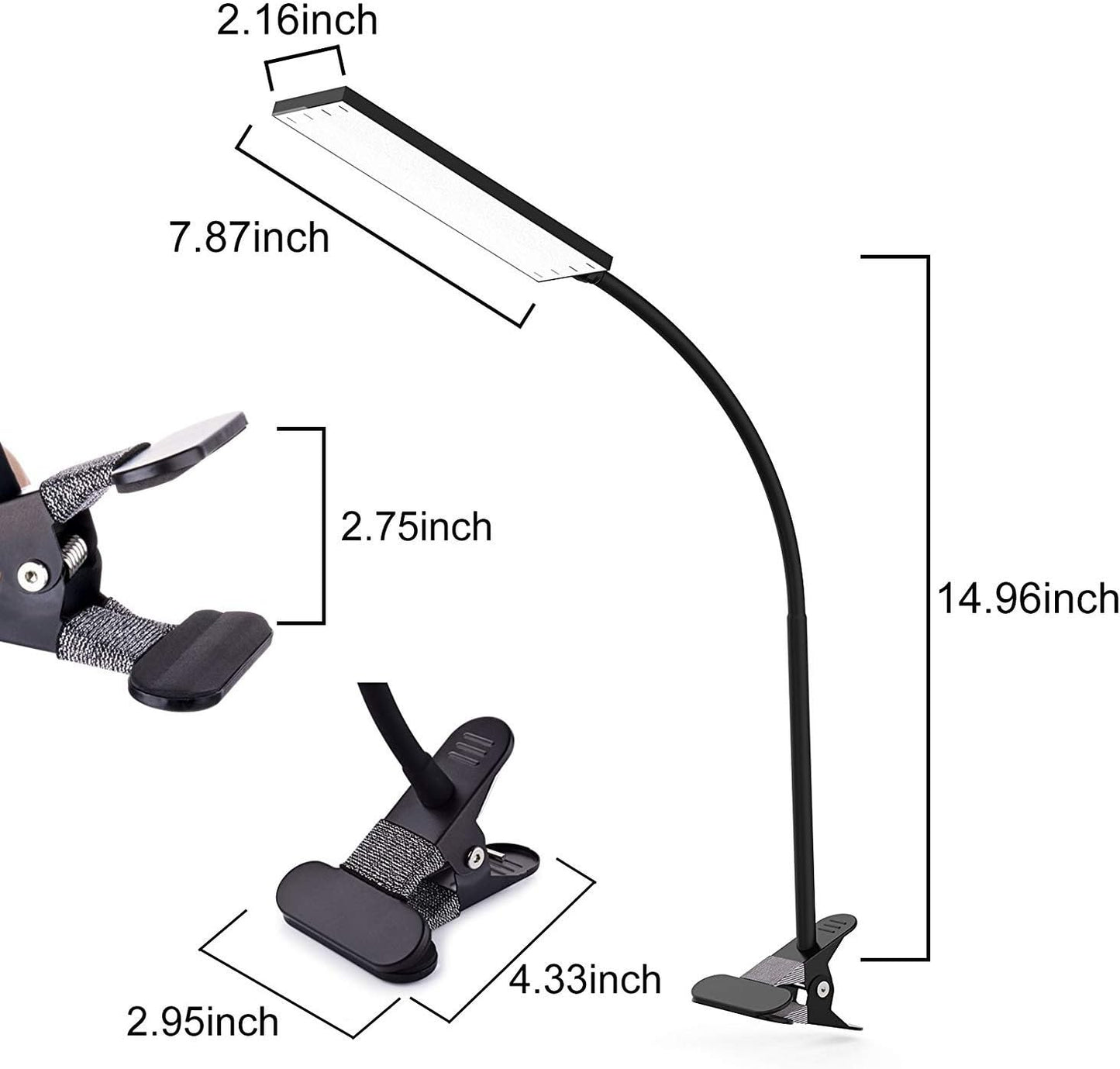 LED Desk Lamp - Dimmable Eye-Care Reading Light with Adjustable 3 Color Modes, 14 Brightness Levels, Flexible Gooseneck Clip-on Light for Studying, 5W-Black