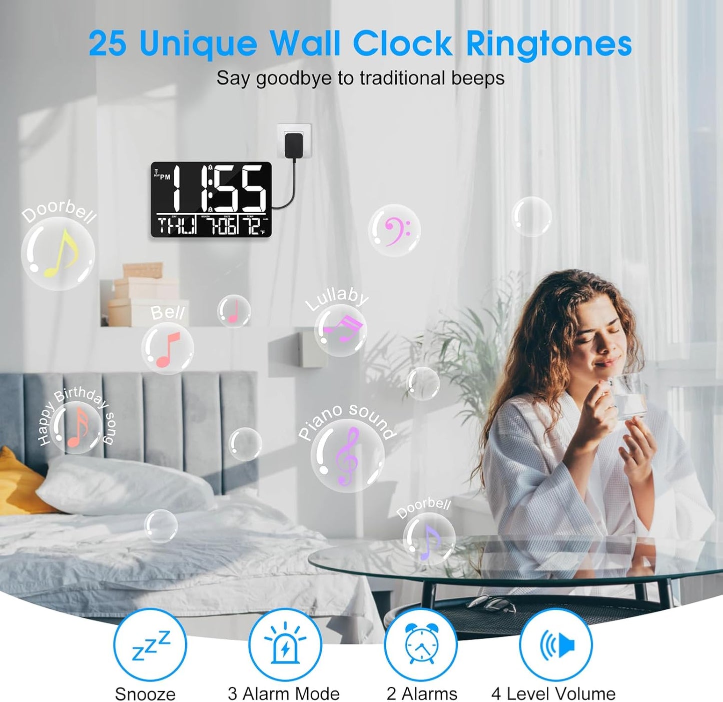 13" Bluetooth Auto Sync Wall Clock - Large Digital Alarm Clock with Remote, 25 Ringtones, Dual Alarm, Adjustable Brightness, 12/24H, Auto DST, for Living Room, Kitchen, Office, Elderly