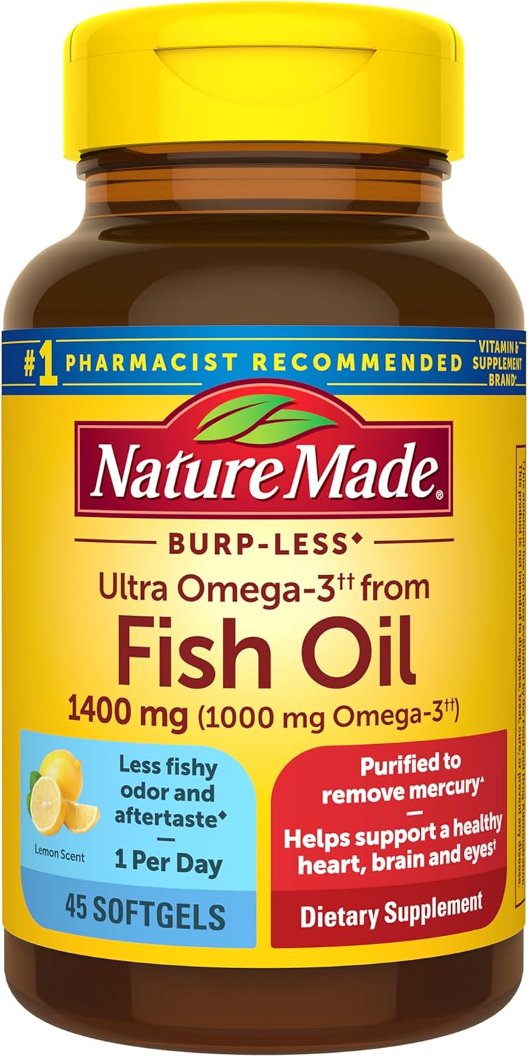 Nature Made Extra Strength Omega 3 Fish Oil Supplements, 1400mg, Fish Oil Omega 3 Supplements as Ethyl Esters for Healthy Heart, Brain, Eyes, Mood Support, 45 Softgels, 45 Day Supply