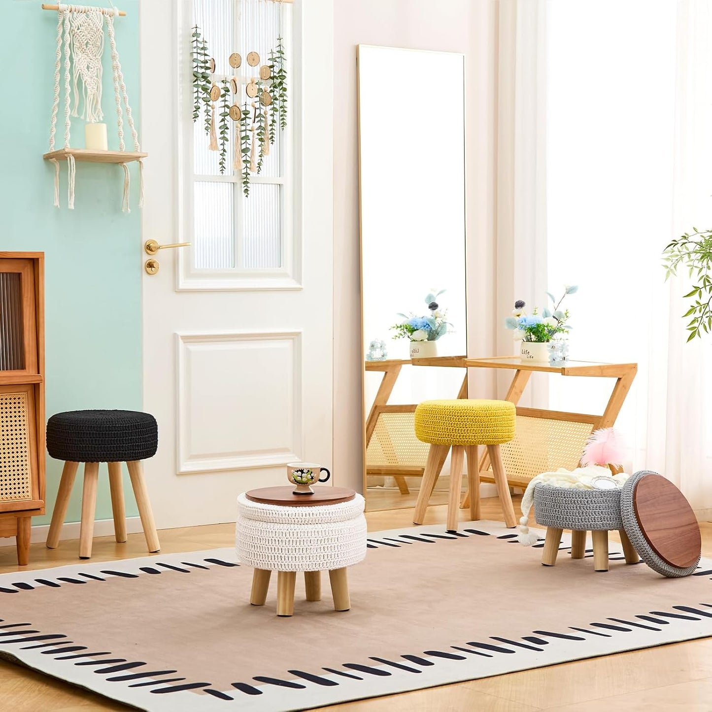 Wimarsbon Pouf Ottoman, 100% Cotton Knitted Boho Footstool, Round Footrest with Non-Skid Wood Legs, Home Décor Handmade Pouffe, Leisure Floor Step Stool for Living Room (Storage Beige)