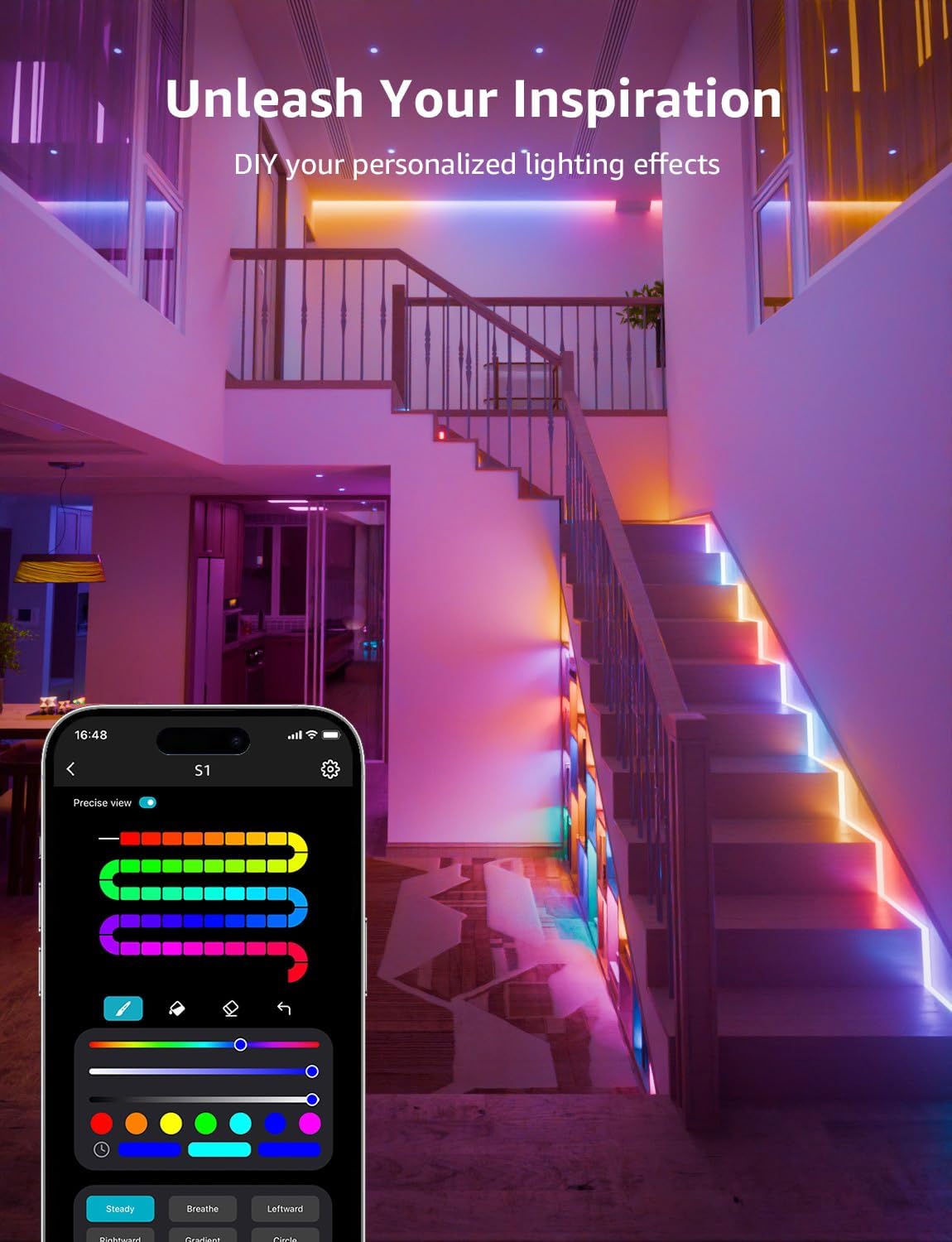Lepro S1 AI LED Strip Lights for Bedroom - 50ft Smart RGB Light Strips with IC and Rainbow Chasing Effects, Color Segment DIY, Personalized Al Lighting Designer, No Remote, 2.4G Wi-Fi & Bluetooth