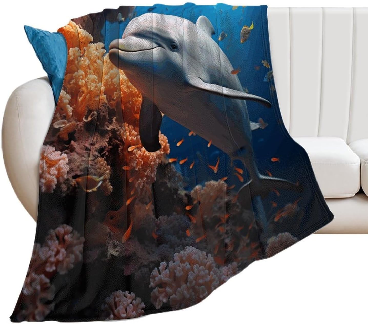 Dolphin On Coral Throw Blanket for Couch Super Soft Warm Lightweight Throw Blankets Cozy Flannel Bed Blanket Cute Decorative Blankets for All Seasons Home Decor Gift 60"*80"（150 * 200cm）