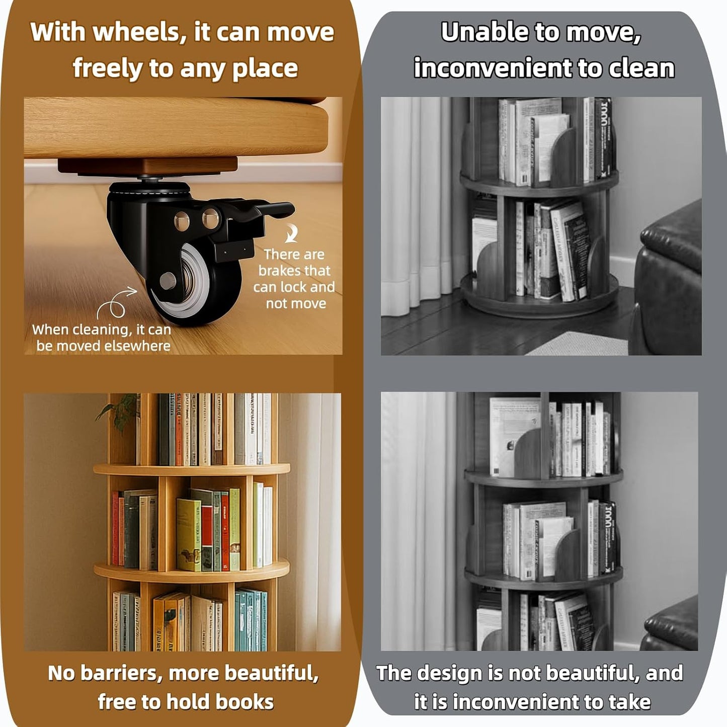 Solid Wood Revolving Bookcase with Wheels, Solid Wood 6-Tier Round Bookshelf, 360° Wooden Rotating Book Tower, Narrow Rolling Vertical Display Storage Rack (Natural Color, 6 Tier, 78" H)