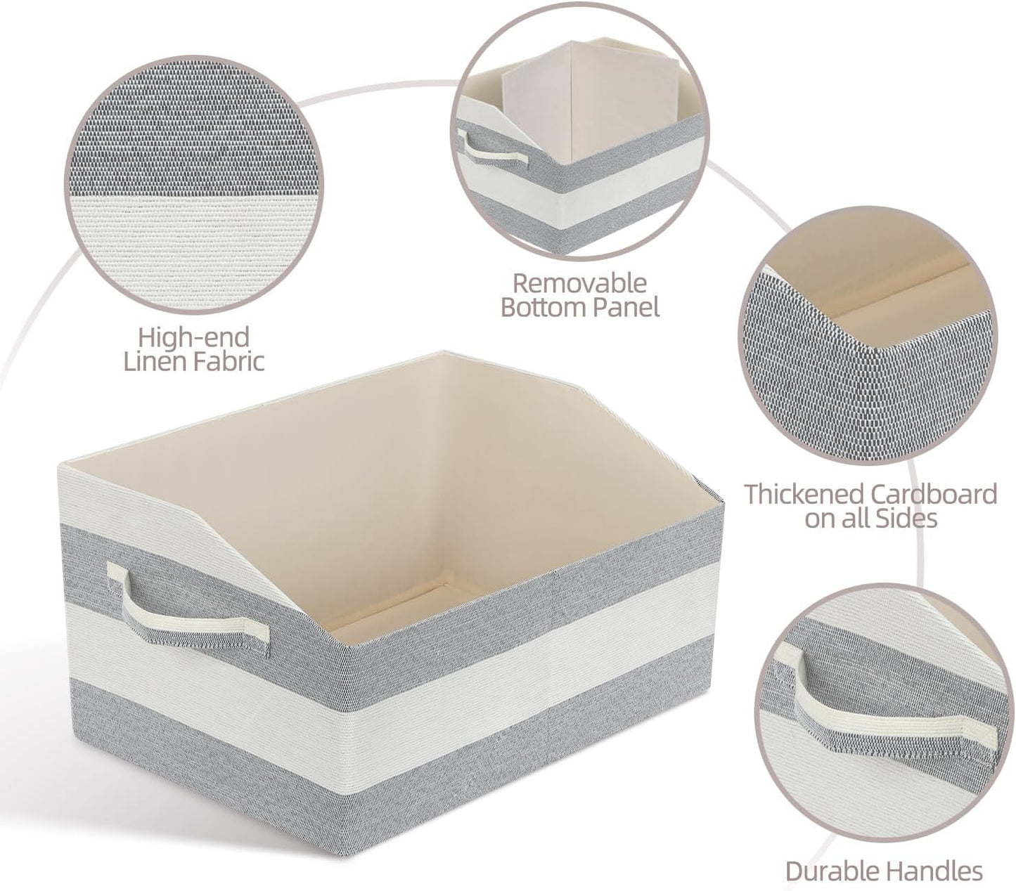 Linen Closet Organizers and Storage, Trapezoid Fabric Bins, Home Office Organization Baskets Striped Collapsible Box with Handles for Clothes, Blanket, Books, DVD, 4 Pack, Gray/White