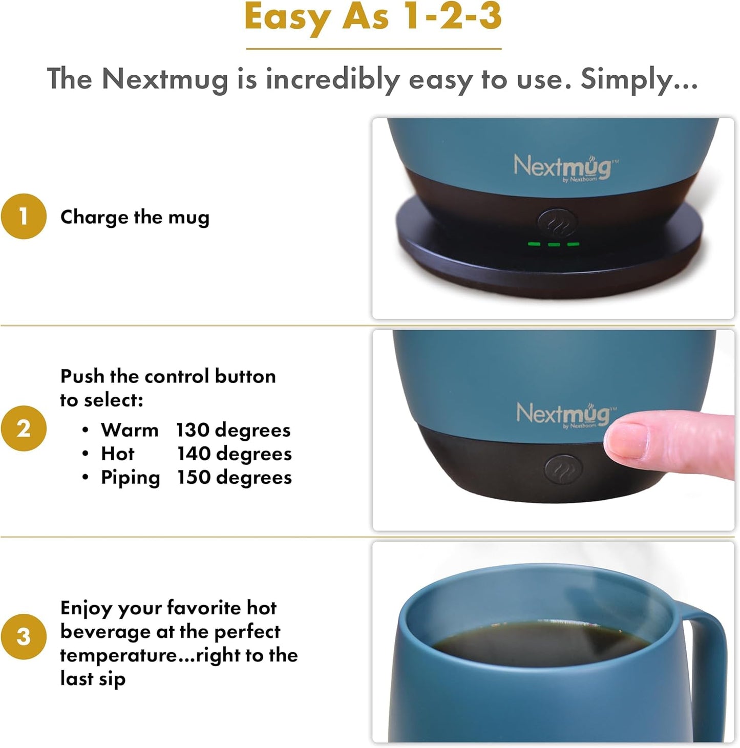 Nextmug Plus (Slate Blue - 18 oz.) Temperature-Controlled, Self-Heating Mug – No App, Long-Lasting Battery for Work & Study, Great Gift for Coffee Lovers