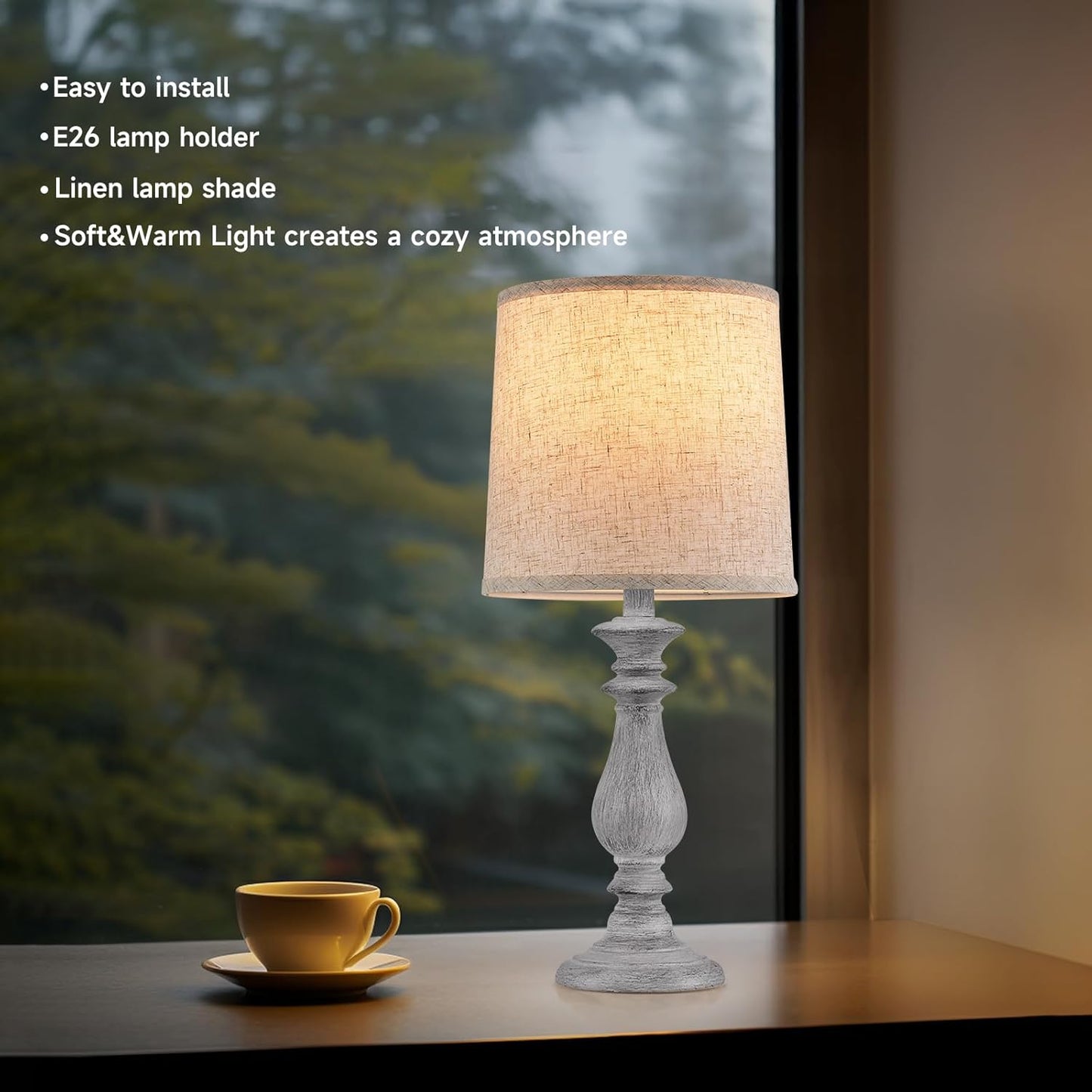 Lamps Set of 2 Vintage Rustic Farmhouse Table Lamps Bedside Reading Lamp Bedroom Nightstand Living Room Teapoy Lamp, Desk Light, 22 Inch High, with Fabric Shade (Grey, 22 Inch High)
