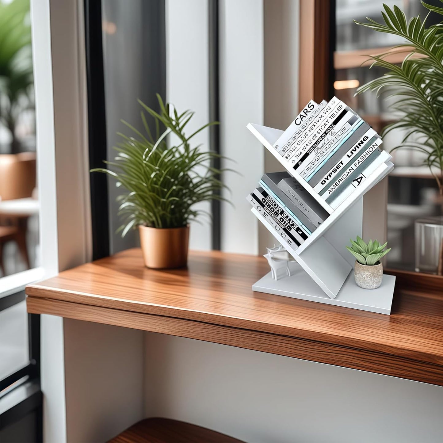 Godferyxin Tree Bookshelf, 3-Tier Small Book Shelf for Desk – Wood Bookcase with Storage Shelves, Compact Shelf for Living Room, Bedroom, or Home Office, White Finish, Holds Books, CDs, and Magazines