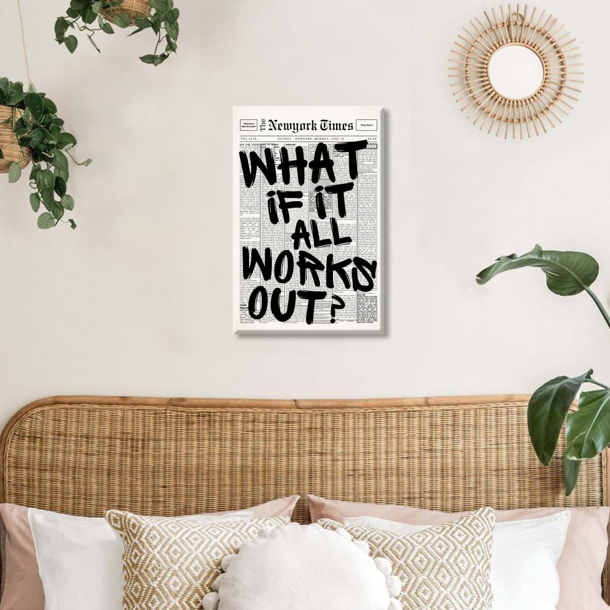 Retro Black and White Newspaper Wall Art What If It All Works Out Positive Quote Canvas Print Trendy Apartment Aesthetic Poster Preppy Affirmation Painting For Bathroom Decor 12x18inch Unframed
