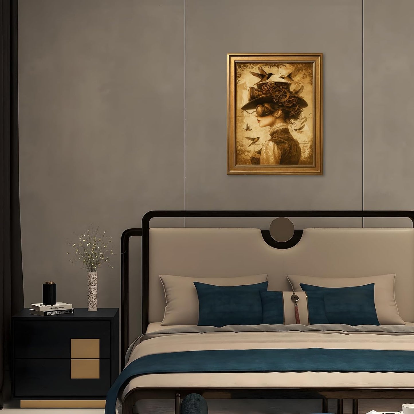 Licpach Gold Framed Dark Academia Wall Art Vintage Abstract Woman Hummingbird Poster Gothic Victorian Female Portrait Canvas Print Moody Mid-Century Aesthetic Artwork for Bedroom Dorm Decor 12x16inch