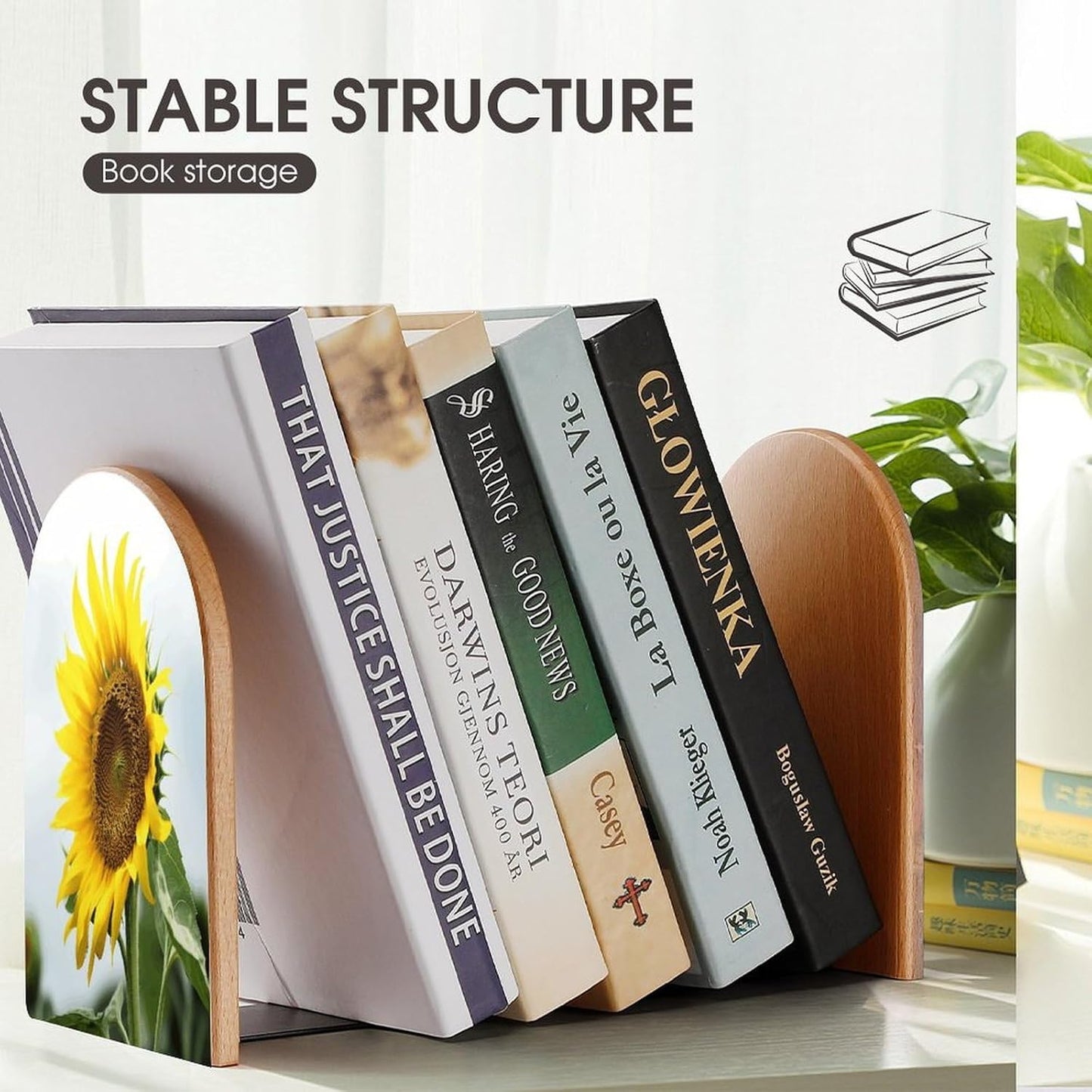 Bloom Sunflower Bookend for Shelves Wooden Book End Large Size Sturdy Book Holders Stoppers with Metal Base for Bookshelves Slick Decorative Bookends Stands