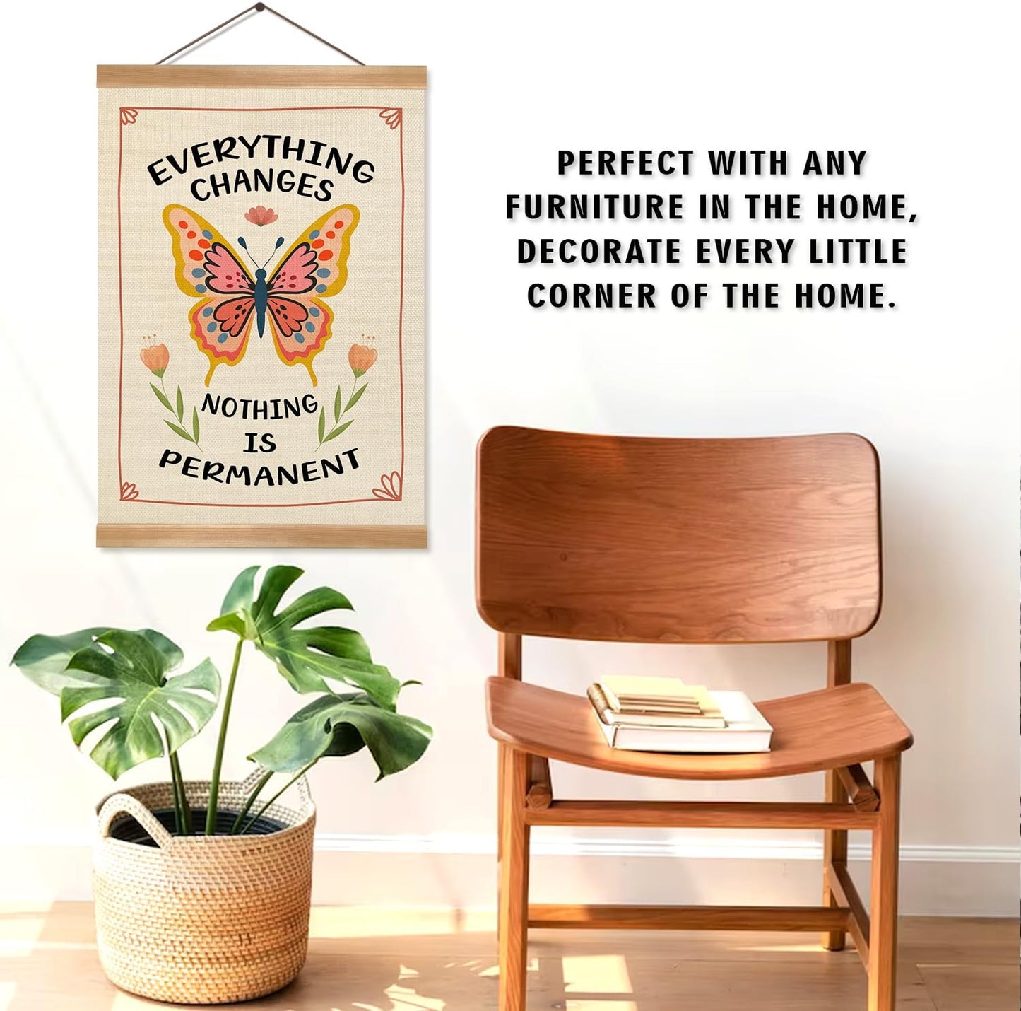 Inspirational Butterfly Wall Art –Everything Changes, Nothing Is Permanent, daily affirmations wall decor,Boho decor,Mindfulness Linen Canvas Hanging poster for Bedroom, Office, or Therapy Room(Butterfly)