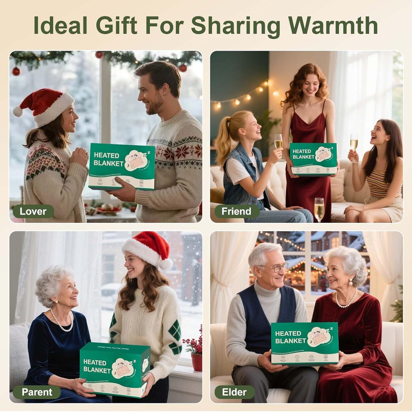 Heating Blanket Queen Size Washable - 84 x 90 Inch Double Zone Electric Blanket with 10 Hours Auto Off, 5 Heat Settings, Soft Flannel Sherpa Heated Blanket for Bed, ETL Certified, Green