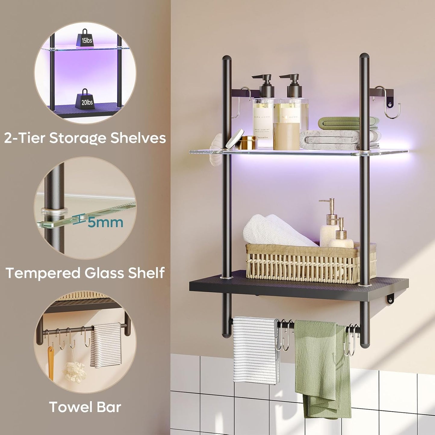 Bestier LED Gaming Floating Shelves for Wall, 15" Wall Mounted Shelf Pipe Glass Shelves, 2 Tier Hanging Display Rack with 6 S-Hooks Towel Bar, Gaming Room Decor Shelf, Carbon Fiber Black