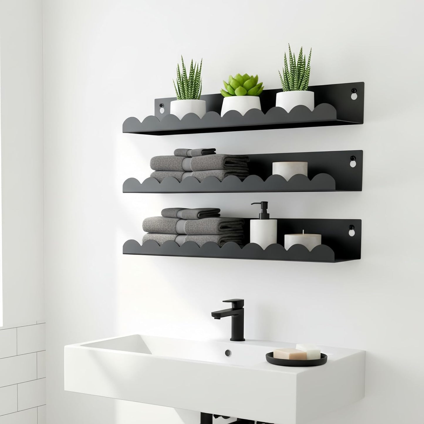 Nursery Book Shelves Set of 6, Black Metal Floating Shelves for Wall, 16 Inch Scalloped Book Shelf for Kids Room, Bathroom, Bedroom, Playroom Wall Decor & Storage
