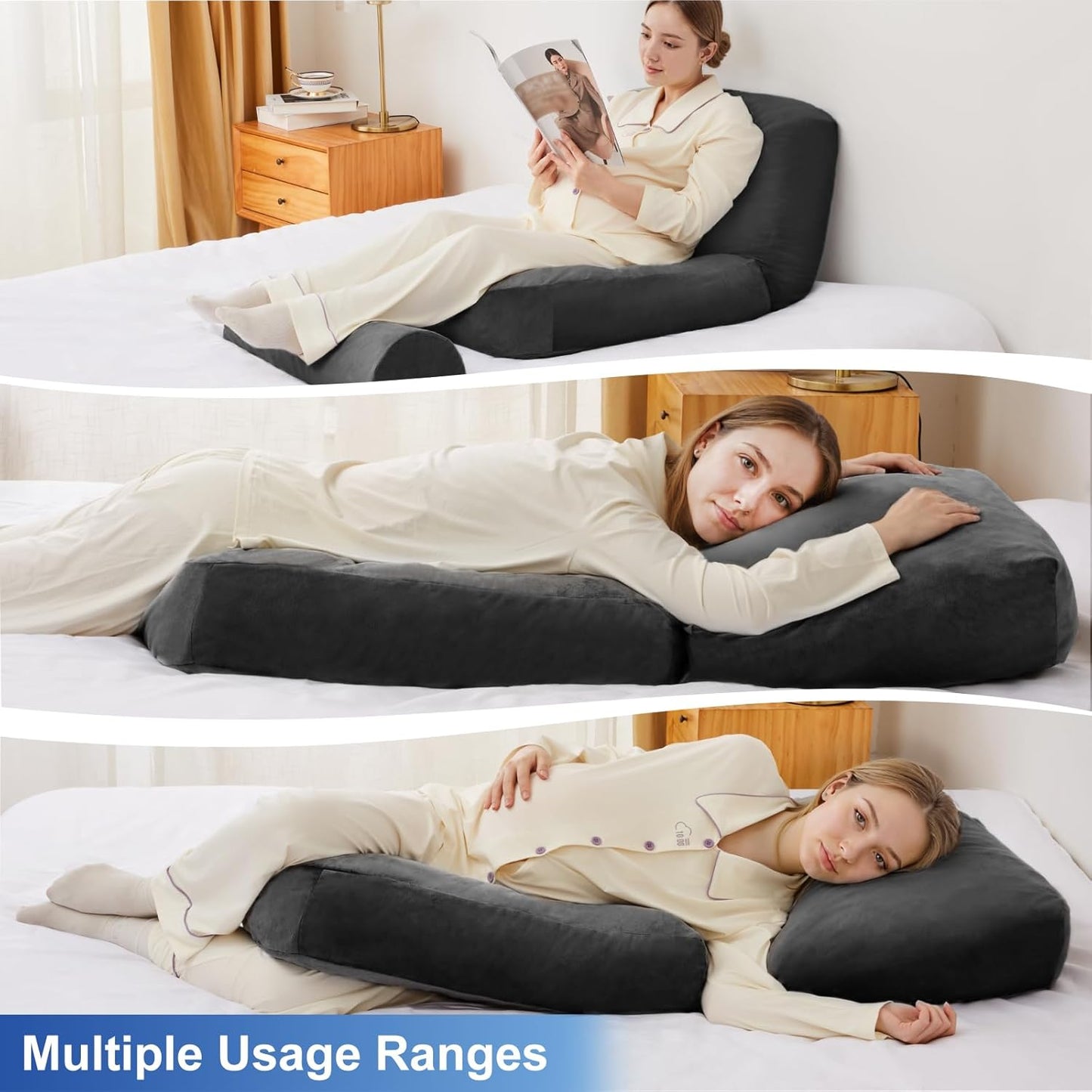 Pregnancy Pillows for Sleeping, 44.5 Inch Pregnancy Massage Pillow Full Body Pillow with Leg Pillow & Removable Cover - Support for Back, Legs, Belly, HIPS for Pregnant Women (Black)