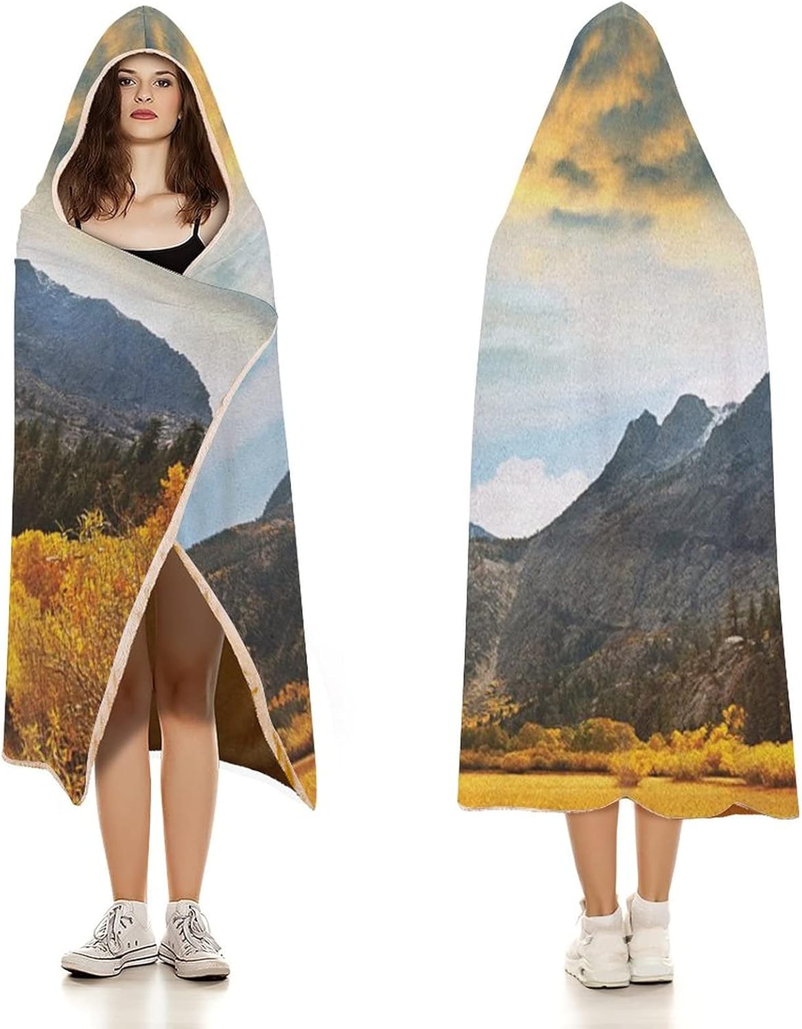 Throw Blankets, Woodland Wearable Hooded Blanket for Adults, Autumn in Mountain Golden Colored Grassland Sun Rays, Soft Warm Cozy, 60 x 80inches, Studying Reading Snuggling Napping Office
