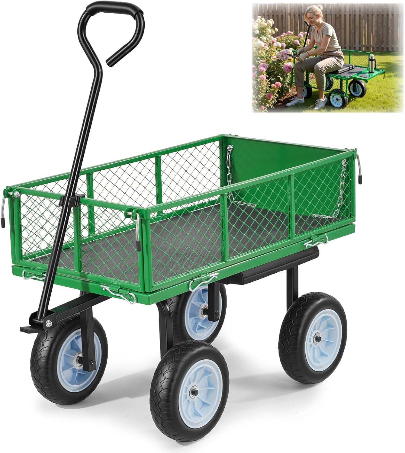 VEVOR 500 LBS Steel Garden Cart with Work Seat, Heavy Duty Garden Wagon Cart on Wheels, Outdoor Metal Utility Yard Wagon Gardening Stool with 10inch Flat Free Tires & Adjustable Handle, Green