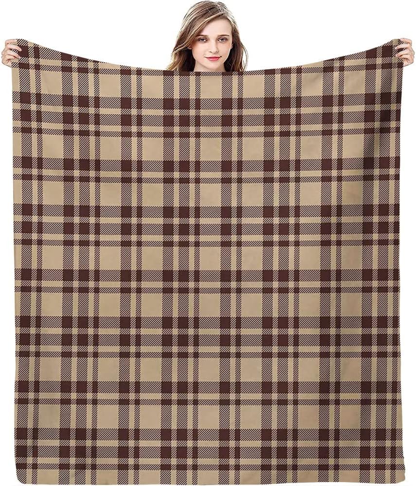 Household Blanket, Old Fashioned Check Plaid Pattern Scottish, Fluffy and ComfortableTan and Brown Soft and Cozy Throw Blankets, 50 x 60inches, Suitable for Adults and Children, Tan Brown