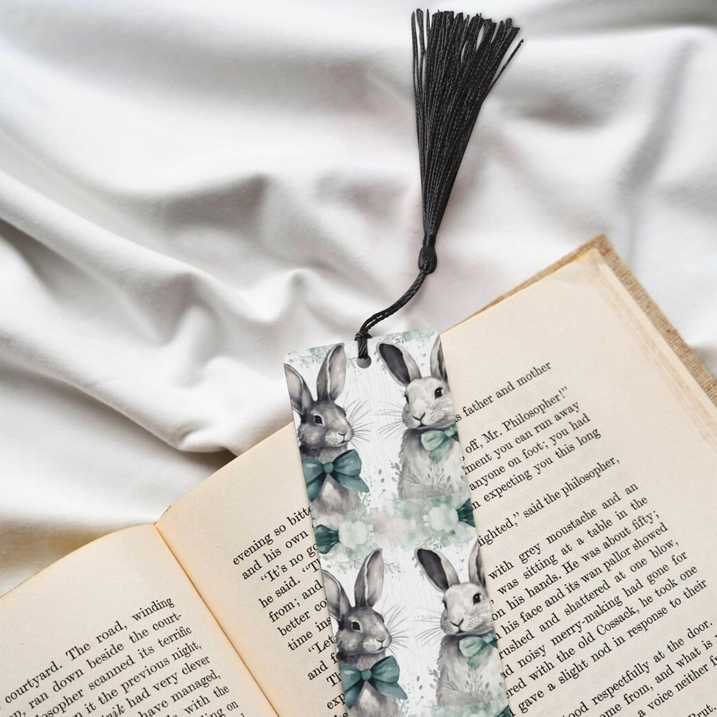 Rabbit with Bow Tie Bookmarks Gifts for Women Men, Wooden Bookmarks for Book Lovers, Vintage Book Marks Ornaments with Tassel, Unique Personalized Reading Page Markers Black