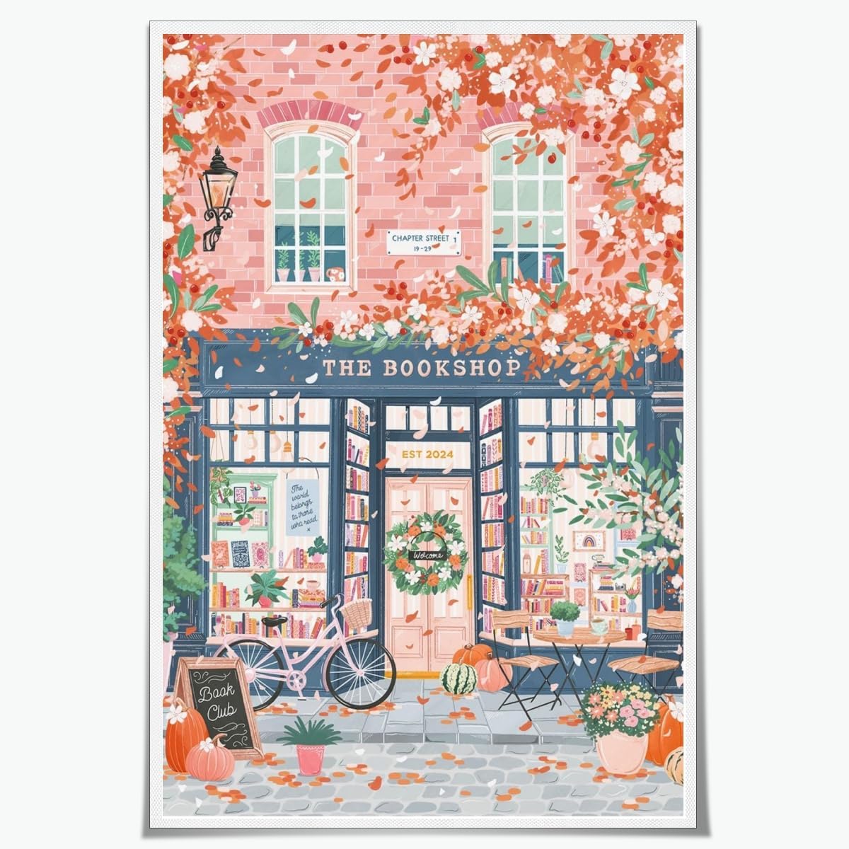 Autumn Romantic Bookshop Wall Art Pink Girly Preppy Wall Decor Aesthetic Fallen Flowers Print Cherry Dlossom library Canvas art Poster for Girl Bedroom Study Decor Unframed12x18inch