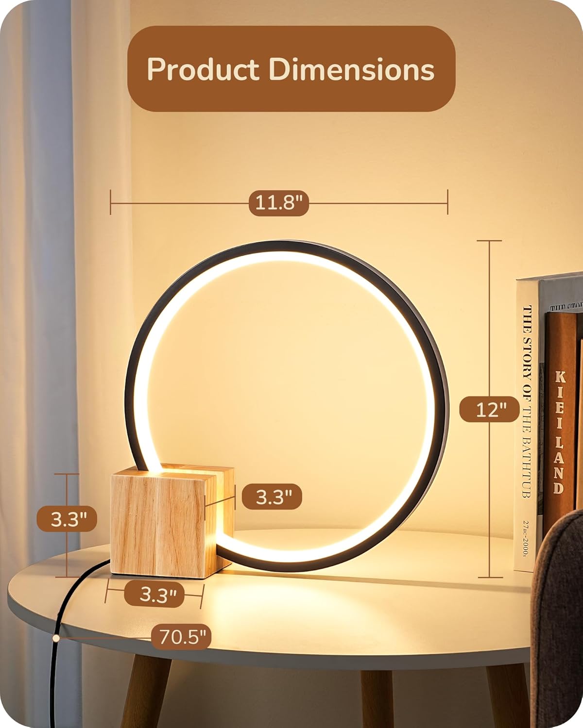 EDISHINE Modern LED Table Lamp, Bedside Lamp with One-Piece Solid Wood Base, 3 Color Temperature & Stepless Dimmable, Nightstand Lamp for Bedroom, Living Room, Reading Room 540LM 12W