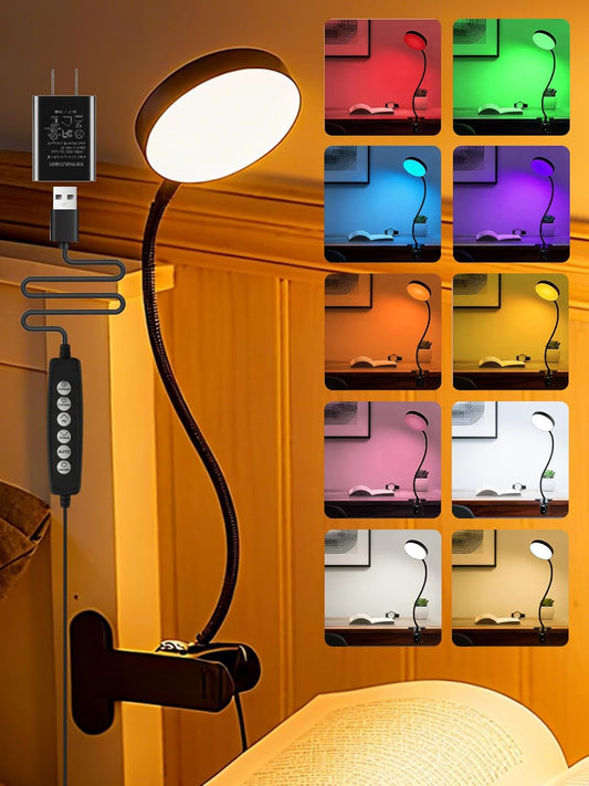 Desk Lamp,10 Colors RGB&Warm White Desk Light,10 Brightness Dimmable Clip on Lamp,500LM Bright Reading Light,USB Adapter Table Lamp for Office,Computer,Work,Study,Craft,Bedside Table,Bedroom