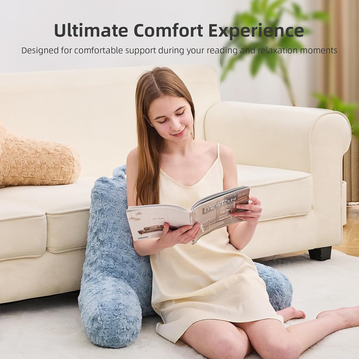 Reading Pillow,Rose Velvet Back Pillow with Arms for Bed Sitting Up, Bed Pillow for Adult Children, Backrest Pillows with Washable Cover, Chair Pillow for Watching TV/Gaming/Relaxing (Lake Blue)