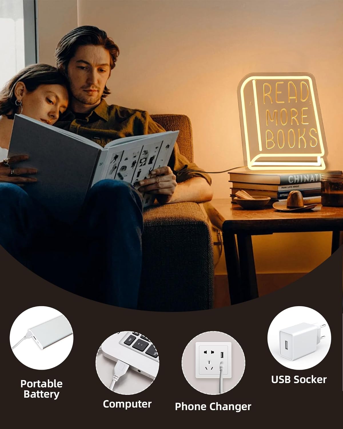 Read More Books Neon Sign - Dimmable Book Neon Lights LED Light Up Sign for Bedroom, Bookstore, Library, Study Room - Classroom and Museum Decoration (11.8"*10.6")"（1pack）