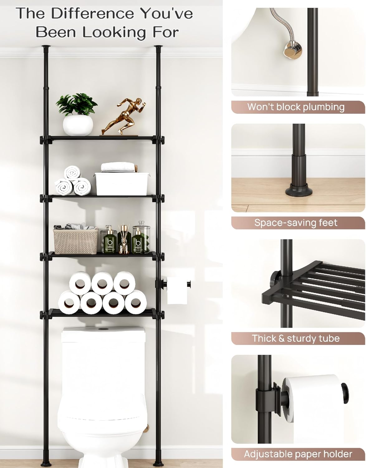 ALLZONE Over The Toilet Storage Cabinet, 4-Tier Adjustable Bathroom Shelves, 22-34 Inch Wide, Tension Mounted Organizer, Space-Saver Narrow Shelf, Fits 66-115 Inch Heights, Black