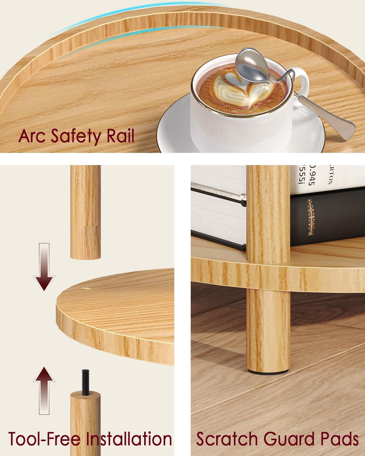 Small Round Side Table with Charging Station for Small Spaces, 3-Tier Solid Wood End Table, Compact Sofa Table Bedside Tables for Living Room, Bedroom, Apartment, Natural