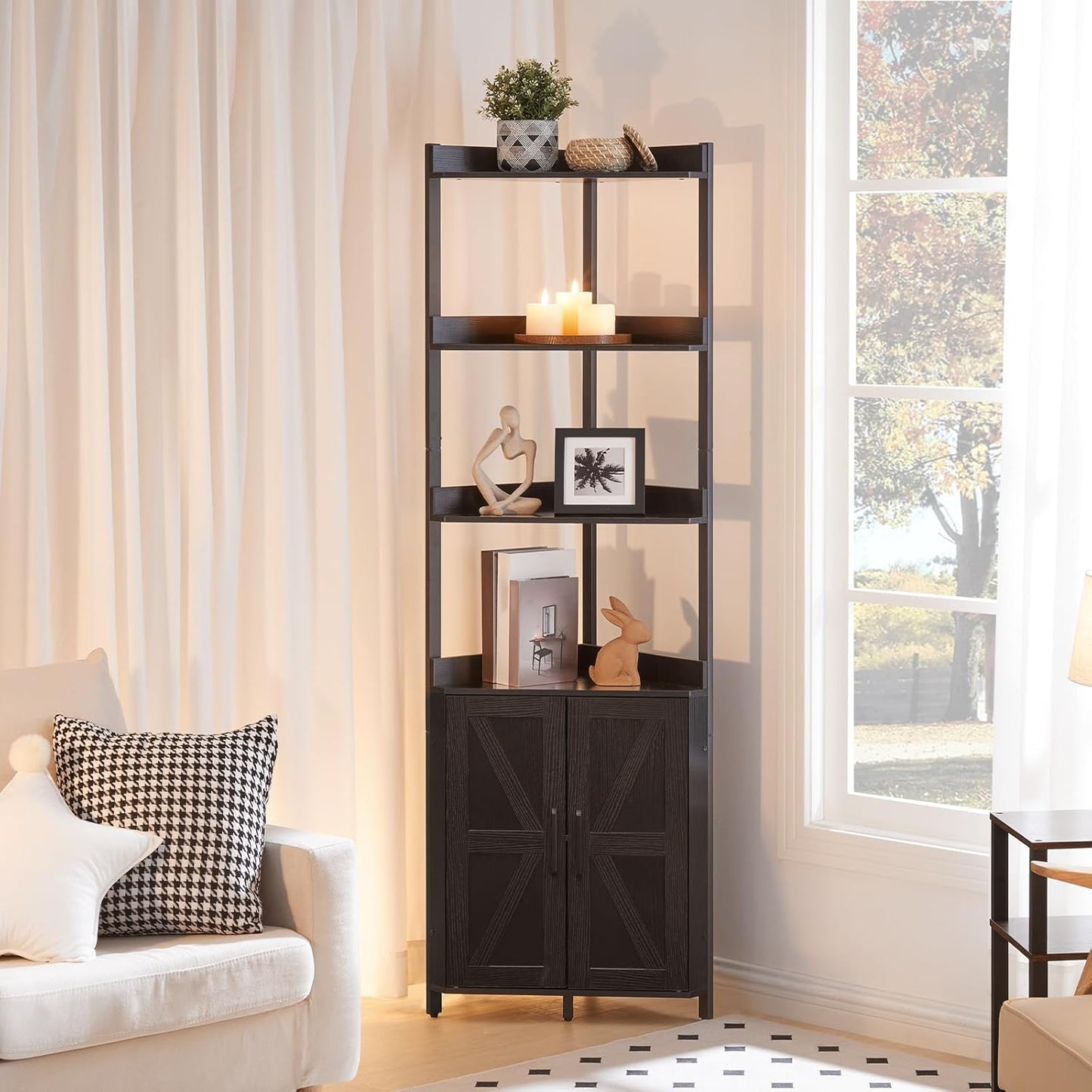 HOOBRO Corner Shelf with Storage, Tall Corner Storage Cabinet, 5-Tier Corner Bookshelf with Protective Fence, for Living Room, Black BB78CJ01