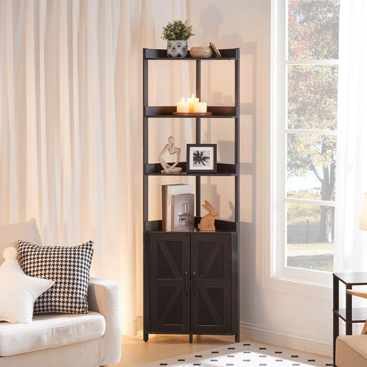 HOOBRO Corner Shelf with Storage, Tall Corner Storage Cabinet, 5-Tier Corner Bookshelf with Protective Fence, for Living Room, Black BB78CJ01