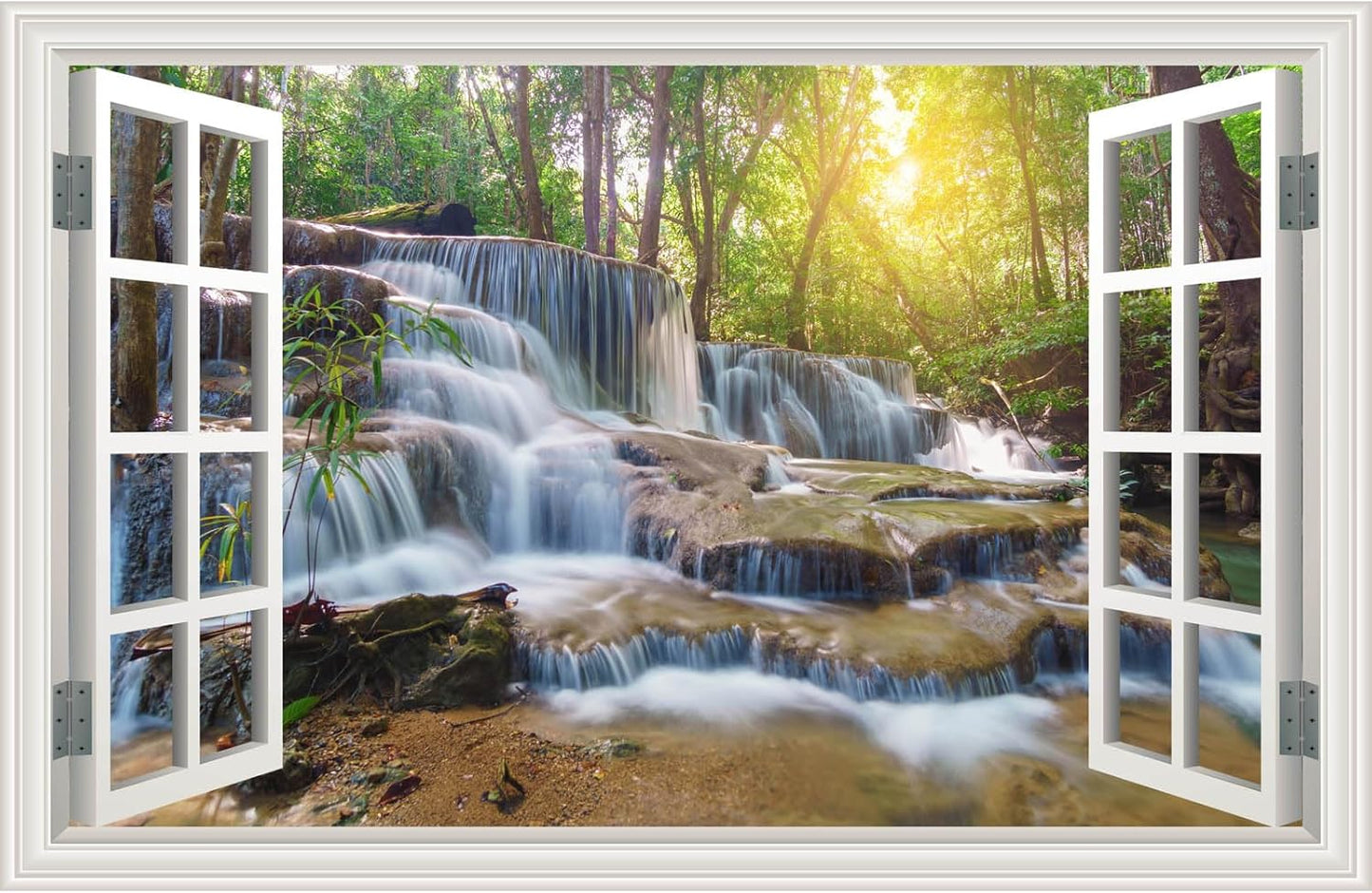 Fake Window Wall Mural Sticker Forest Tree Jungle Waterfall Faux Window Poster Decal Picture Open Wall Art Decor, Stick and Peel Landscape Natural Scenery Scene（48"x32",Set of 2 Sheets）