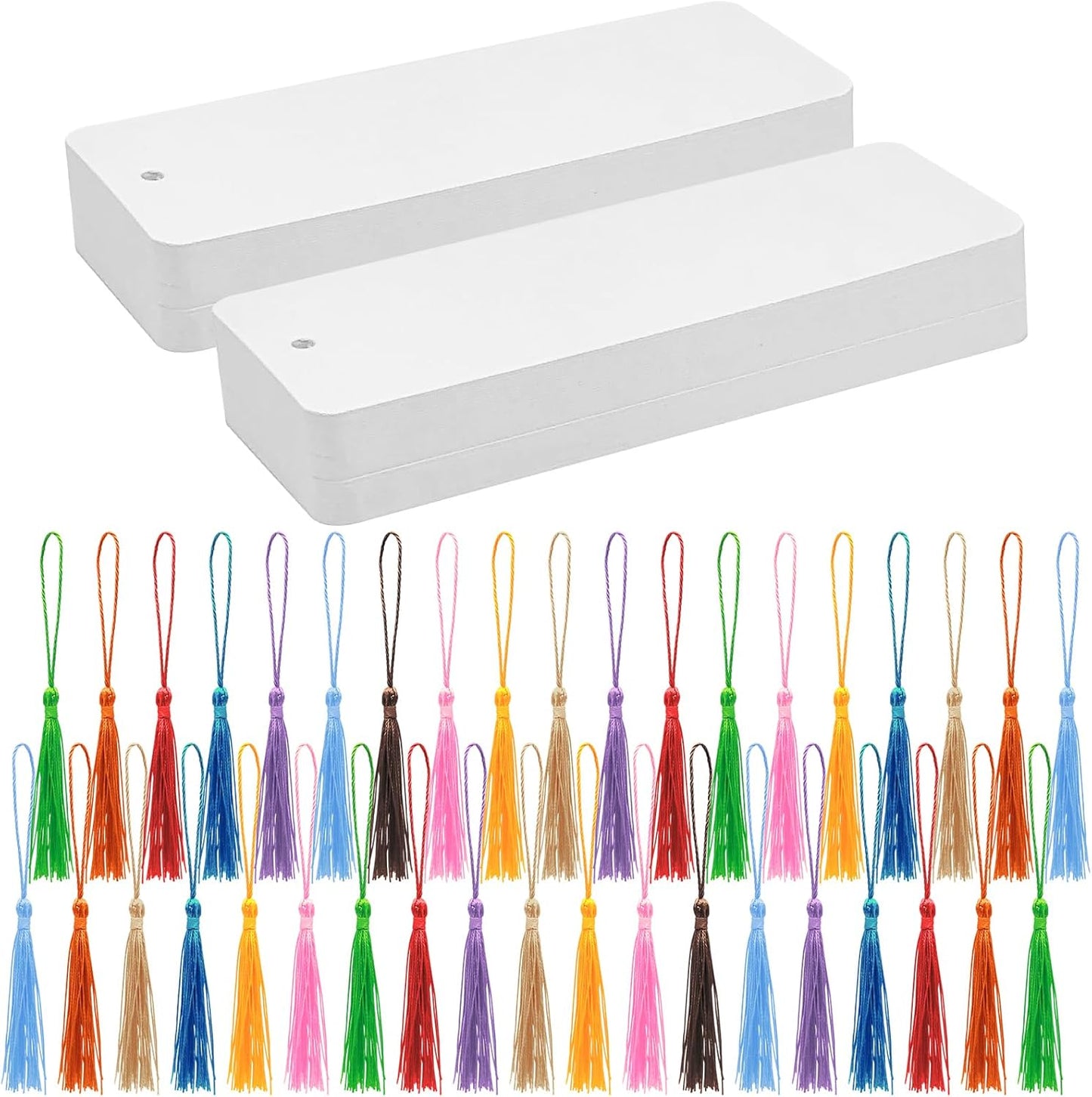 100 Set Blank Bookmarks with Colorful Tassels, White Cardstock Bookmarks Bulk, Craft Paper Book Marks for DIY Projects and Gifts Tags, 5.5 x 2 Inch