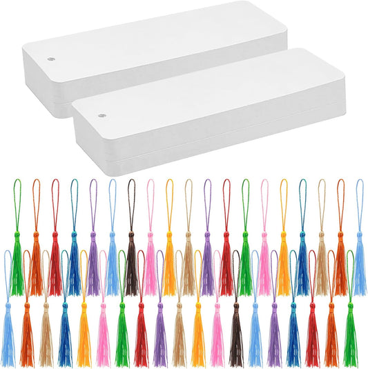 100 Set Blank Bookmarks with Colorful Tassels, White Cardstock Bookmarks Bulk, Craft Paper Book Marks for DIY Projects and Gifts Tags, 5.5 x 2 Inch