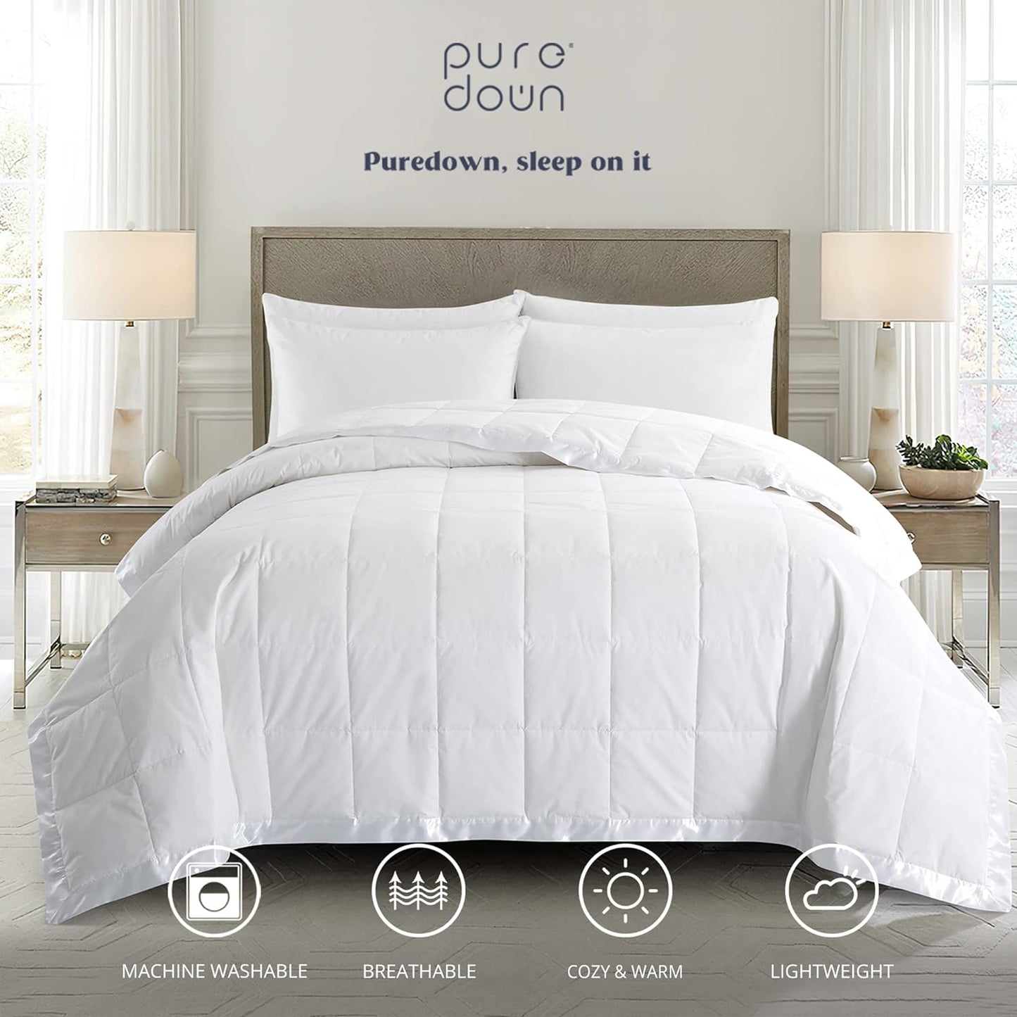 puredown® Blankets Queen Size - Soft Lightweight Down Blanket for Bed, Cozy Warm Luxury Bed Blanket with Satin Trim, White (90"X90")