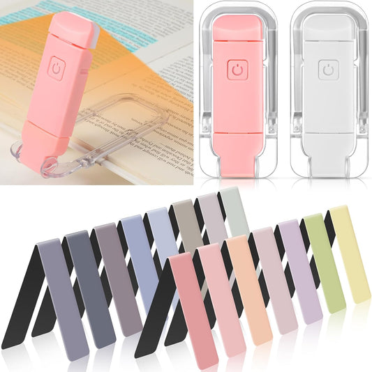 2 Pack USB Rechargeable Book Light Clip on LED Reading Light Portable Reading Lamp with 15 Magnetic Bookmarks for Book Lovers Adults Reading Gifts, 3 Amber Colors 5 Brightness(Classic)