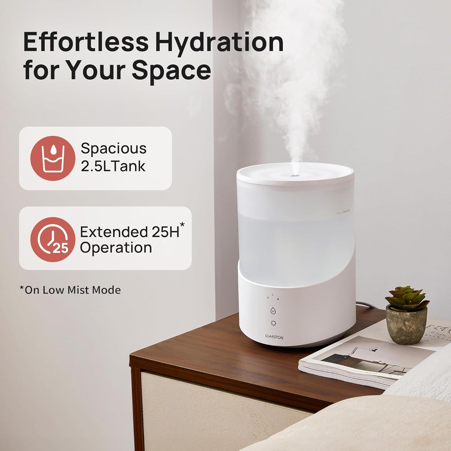 Clarston Humidifiers for Bedroom, 2.5L Cool Mist Humidifier with Essential Oils Diffuser and Nightlight, Top Fill Humidifiers for Home Large Room, Timer, Auto Shut-off, 25H Runtime