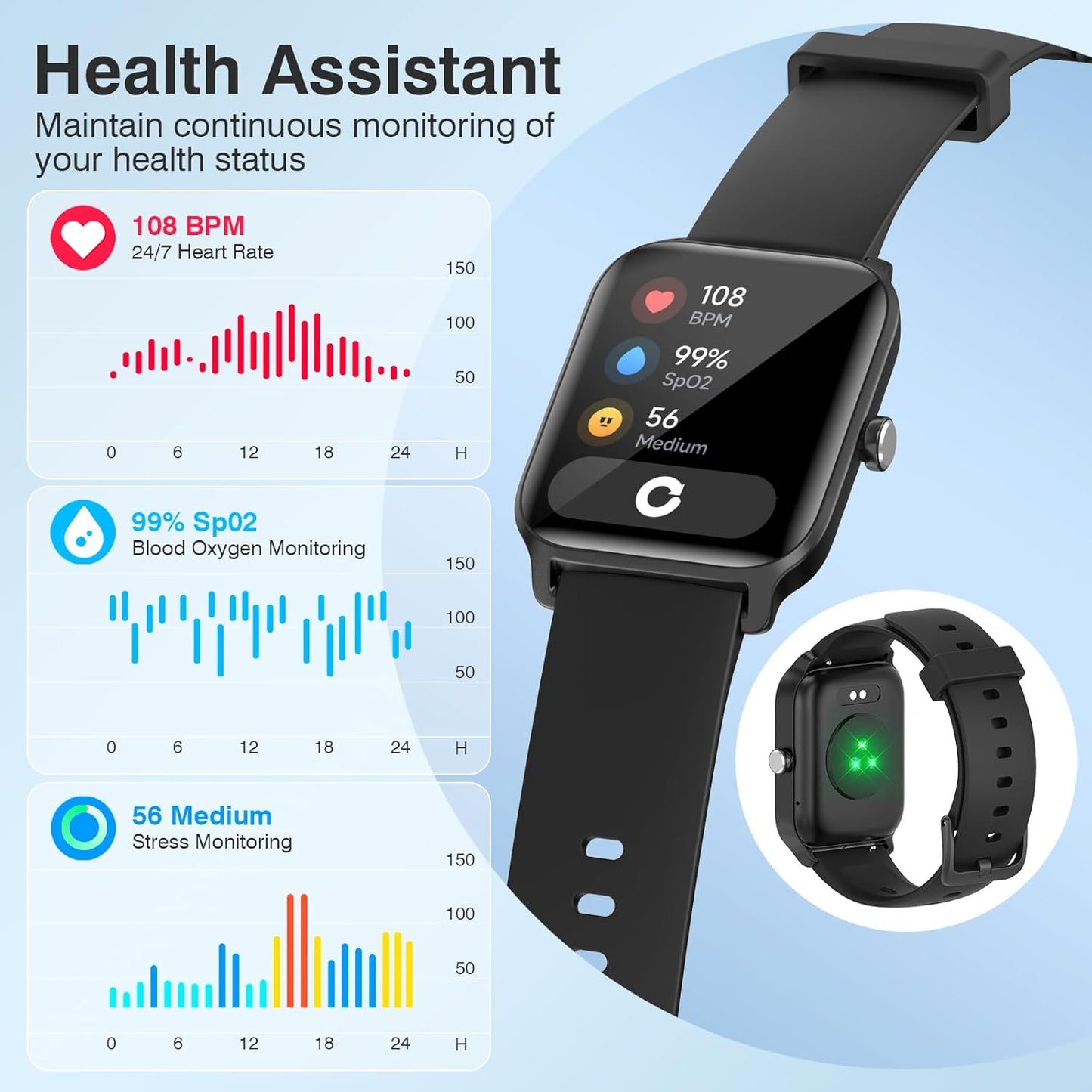 Smart Watches for Women Men, 1.85” HD Touchscreen Fitness Tracker with Call & Message Alerts, 24/7 Heart Rate/Sleep Monitor,100+ Sport Modes, 2ATM Waterproof Smart Watch for Android iPhone (Black)