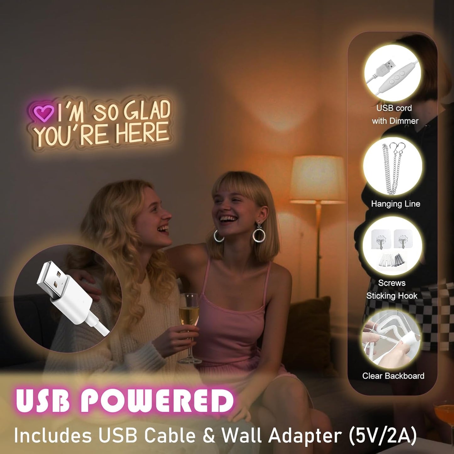 IM SO GLAD YOURE HERE Neon Sign Today for Wedding Birthday Girl Party Wall Decor, Dimmable, USB Powered, Pink Sun and Pink Heart Motivational Gift for Women