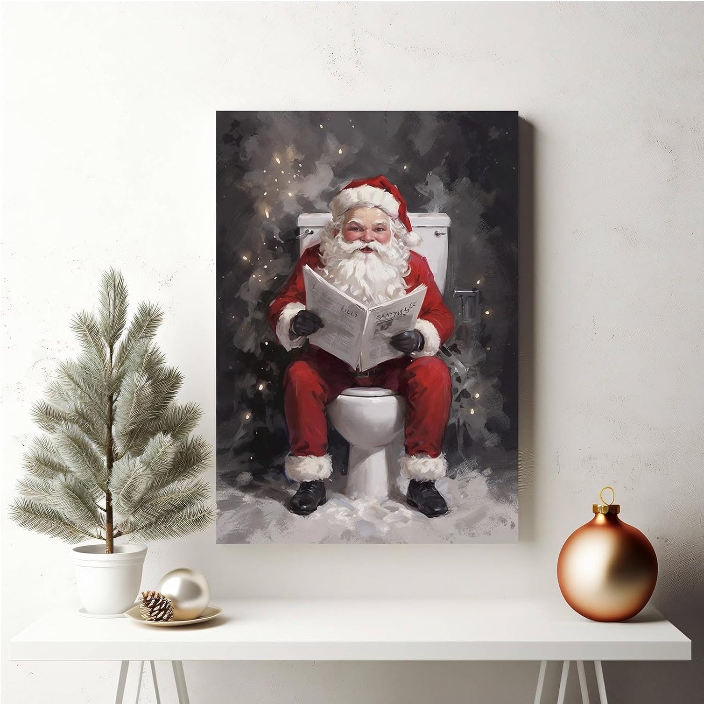 Funny bathroom wall decor Santa Claus going to toilet and reading newspaper art print bathroom wall art farmhouse wall decor canvas wall art for bedroom christmas posters