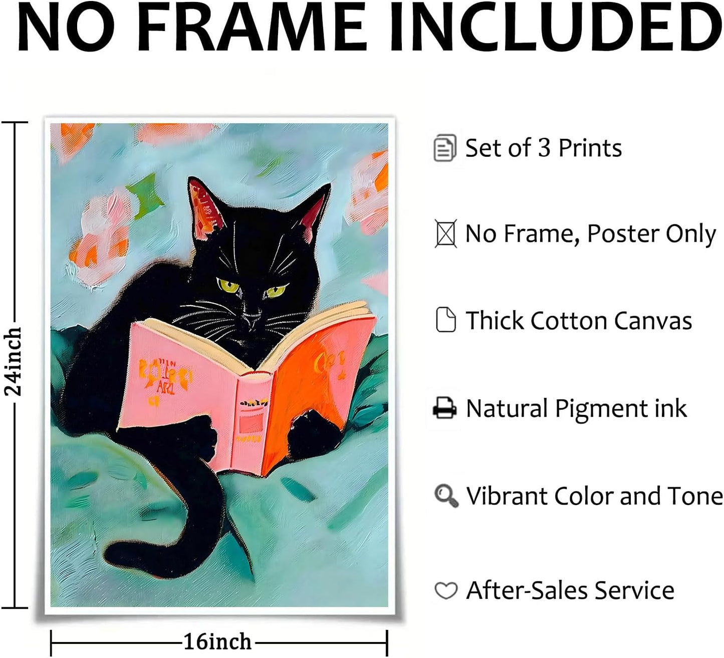 Cat Reading Book Picture Cute Cat Posters Vintage Cats Reading Books Canvas Wall Art Aesthetic Animal Print Pink Funny Animal Poster Pop Wall Art Cat Preppy Black Cat Wall Art 16x24inchx3pcs No Frame
